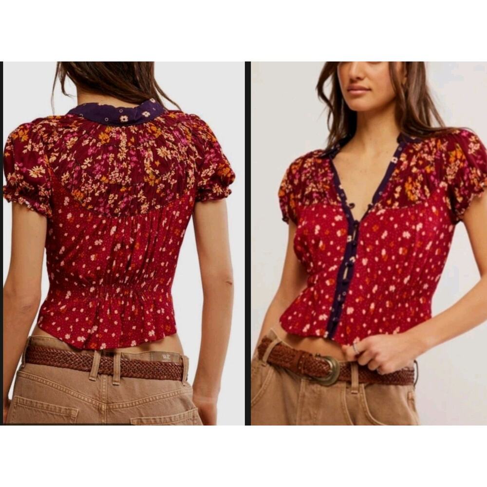 Free People Bella Button Up Shirt Top Size Large Floral Boho Puff Sleeves
